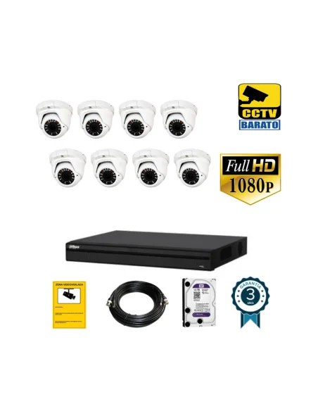 Kit de videovigilancia FULL HD 8 cámaras domo exterior/interior varifocal más grabador  de 8 canales.