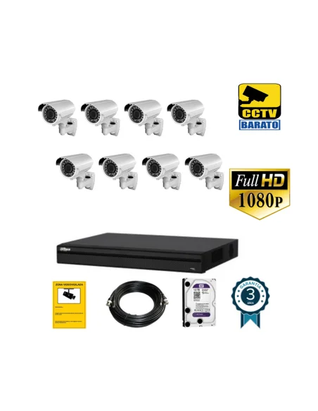 Kit de videovigilancia 1080P FULL HD 8 cámaras bullet varifocal exterior más grabador de 8 canales.