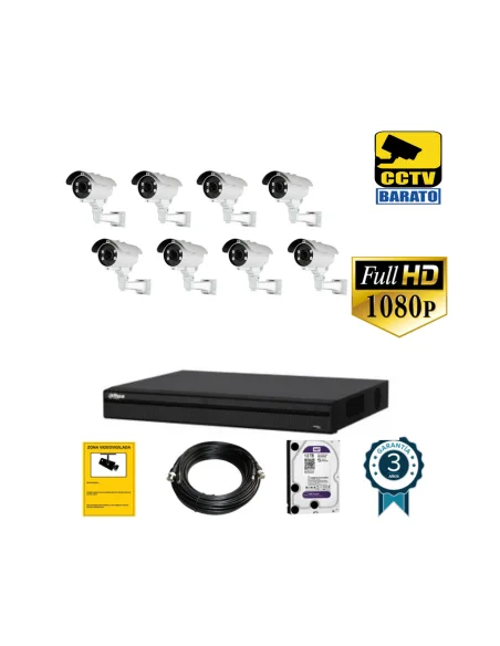 Kit de videovigilancia FULL HD 8 cámaras bullet exterior varifocal más grabador  de 8 canales.
