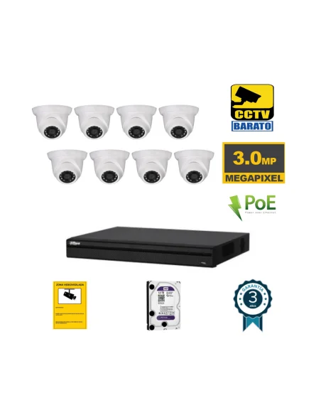 Kit de videovigilancia IP PoE 8 cámaras domo exterior/interior 3Mpx óptica fija más grabador NVR de 8 canales