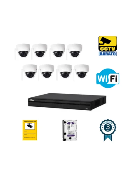 Kit de videovigilancia IP Wifi 8 cámaras domo exterior/interior 3Mpx óptica fija más grabador NVR de 8 canales