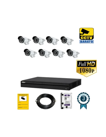 Kit de videovigilancia full hd 8 cámaras bullet varifocal exterior más grabador  de 8 canales.