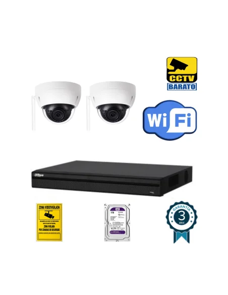 Kit de videovigilancia IP Wifi 2 cámaras domo 3Mpx exterior/interior óptica fija más grabador NVR de 4 canales.