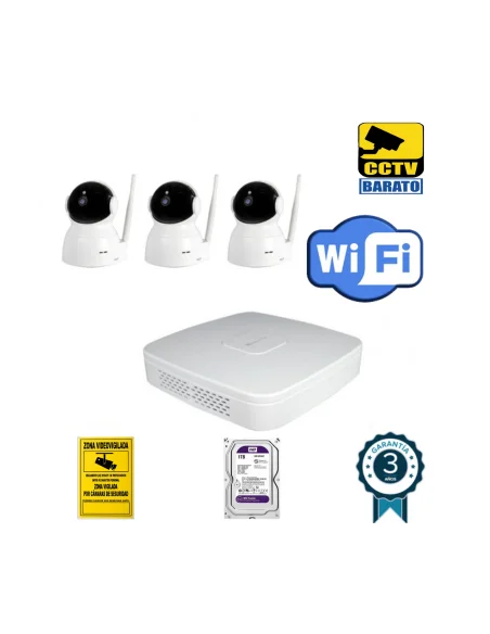 Kit de videovigilancia IP Wifi 3 cámaras domo interior , movimiento motorizado, 2Mpx óptica fija más grabador NVR de 4 canales