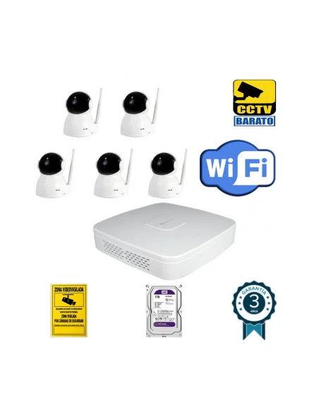 Kit de videovigilancia IP Wifi 5 cámaras motorizadas domo interior 2Mpx óptica fija más grabador NVR de 8 canales