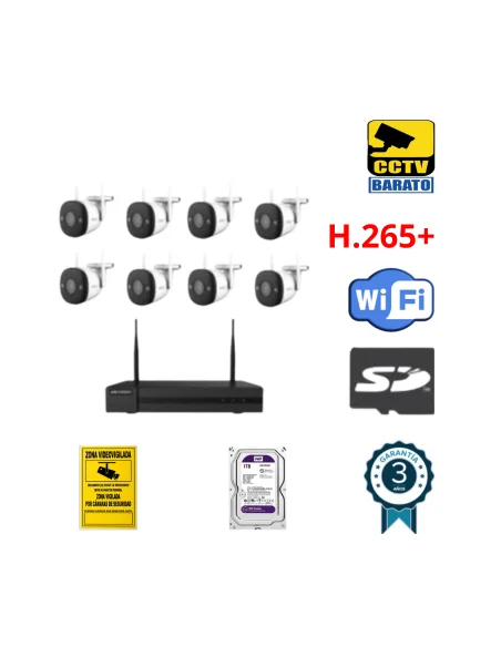 Kit de videovigilancia IP Wifi, 8 cámaras bullet exterior óptica fija más grabador de 8 canales