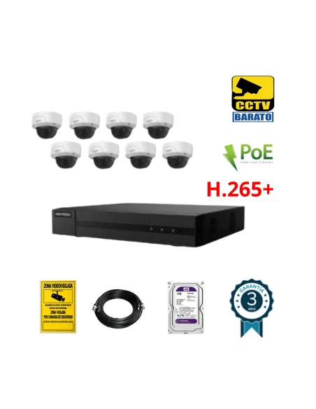 Kit de videovigilancia IP PoE, 8 cámaras domo aptas para exterior óptica fija más grabador de 8 canales