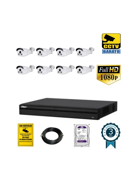 Kit de videovigilancia full hd 8 cámaras bullet varifocal motorizada  exterior más grabador  de 8 canales.