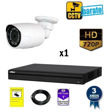 kit de videovigilancia hd 1 cámara bullet ext/int óptica fija 720p más grabador de 4 canales.