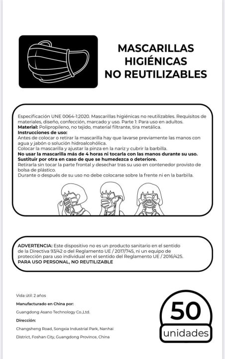 Caja de 50 Mascarillas Higiénicas 3 capas con todos los certificados