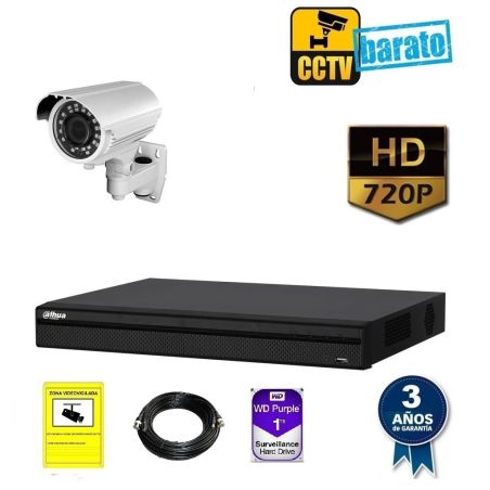 kit de videovigilancia hd  1 cámara bullet óptica varifocal 720p más grabador de 4 canales.