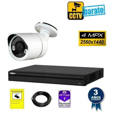 KIT DE VIDEOVIGILANCIA FULL HD 1 CÁMARA BULLET EXT/INT ÓPTICA FIJA 4mpx MÁS GRABADOR DE 4 CANALES.