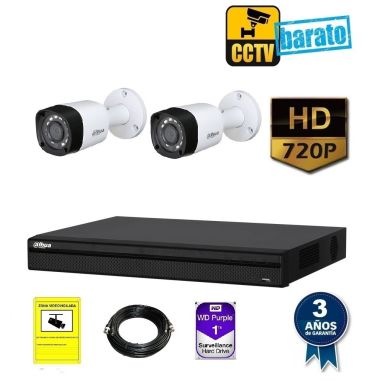 kit de videovigilancia hd 2 cámara bullet ext/int óptica fija 720p más grabador de 4 canales