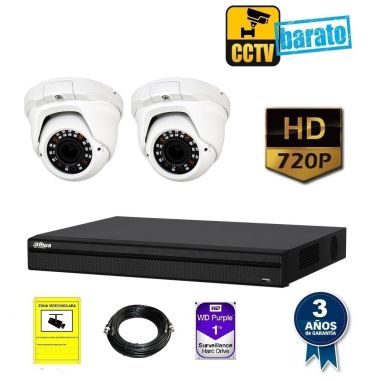 Kit de videovigilancia hd 2 cámaras domo interior óptica fija más grabador  de 4 canales.