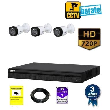 kit de videovigilancia hd 3 cámaras bullet ext/int óptica fija 720p más grabador de 4 canales.