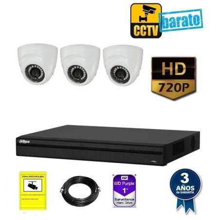 Kit de videovigilancia hd 3 cámara domo interior óptica fija más grabador  de 4 canale.
