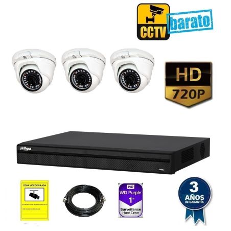Kit de videovigilancia hd 3 cámara domo interior óptica fija más grabador  de 4 canales.