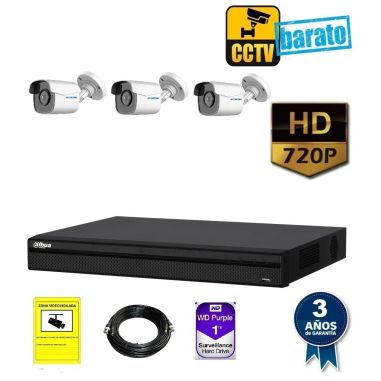 kit de videovigilancia hd 3 cámaras bullet ext/int óptica fija 720p más grabador de 4 canales.