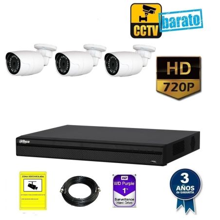 kit de videovigilancia hd 3 cámara bullet ext/int óptica fija 720p más grabador de 4 canales.