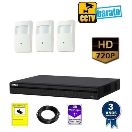kit de videovigilancia hd 3 cámaras instalada en PIR óptica fija 720p más grabador de 4 canales.