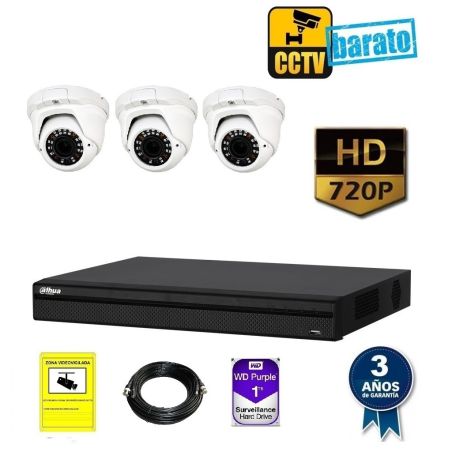 kit de videovigilancia hd 3 cámaras domo óptica varifocal 720p más grabador de 4 canales.