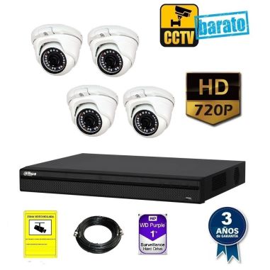 Kit de videovigilancia hd 4 cámara domo exterior óptica fija más grabador  de 4 canales.