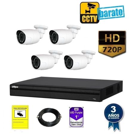 kit de videovigilancia hd 4 cámara bullet ext/int óptica fija 720p más grabador de 4 canales.