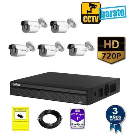 kit de videovigilancia hd 5 cámara bullet ext/int óptica fija 720p más grabador de 8 canales.