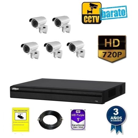kit de videovigilancia hd  5 cámaras bullet óptica varifocal 720p más grabador de 4 canales.