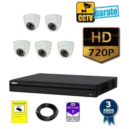 Kit de videovigilancia hd 5 cámaras domo interior óptica fija más grabador  de 8 canales.