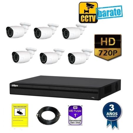 kit de videovigilancia hd 6 cámara bullet ext/int óptica fija 720p más grabador de 4 canales.