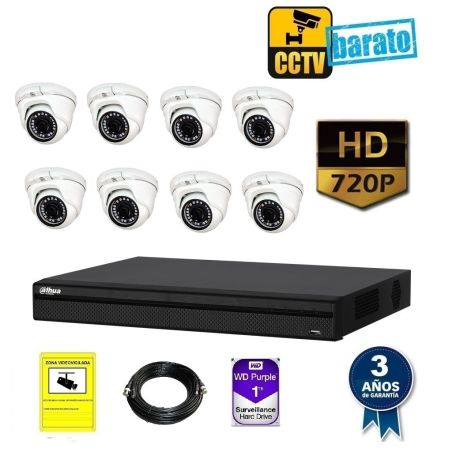 Kit de videovigilancia hd 8 cámaras domo interior óptica fija más grabador  de 8 canales.