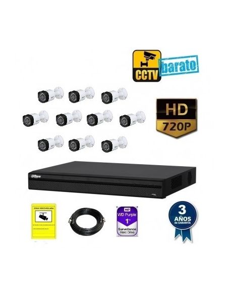 kit de videovigilancia hd 10 cámaras bullet ext/int óptica fija 720p más grabador de 16 canales.