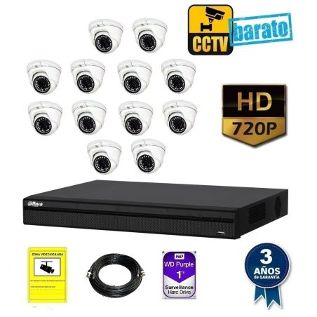 Kit de videovigilancia hd 12 cámara domo interior óptica fija más grabador  de 16 canales.