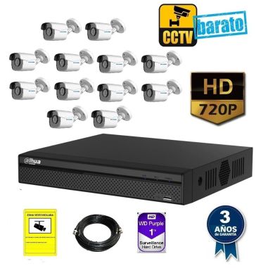 kit de videovigilancia hd 12 cámaras bullet ext/int óptica fija 720p más grabador de 16 canales.