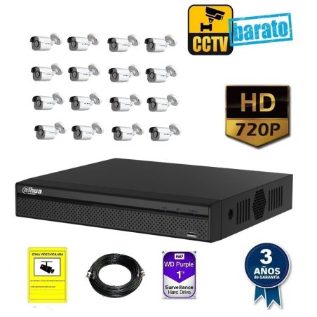 kit de videovigilancia hd 16 cámaras bullet ext/int óptica fija 720p más grabador de 16 canales.