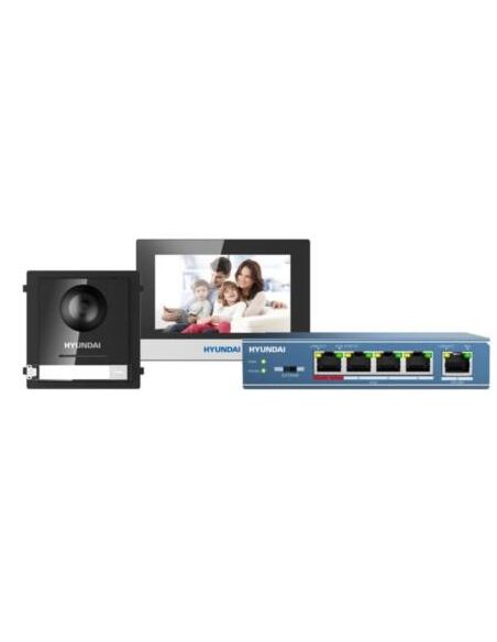 Kit de videoportero IP HYUNDAI monitor 7" PoE interior + placa IP fisheye 2mpx exterior + Switch PoE de 4 canales