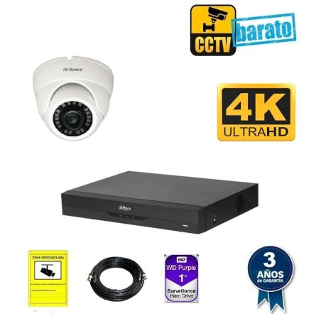 Kit de videovigilancia 8Mp 1 cámara domo Óptica fija interior más grabador 4ch + 4ch IP