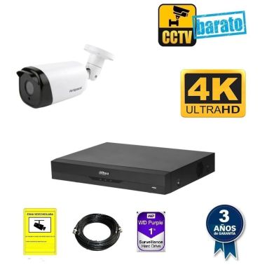 Kit de videovigilancia 8Mp 1 cámara bullet Óptica fija exterior más grabador 4ch + 4ch IP