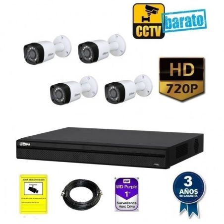 Kit de videovigilancia HD 4 cámaras bullet exterior óptica fija 720p más grabador de 4 canales